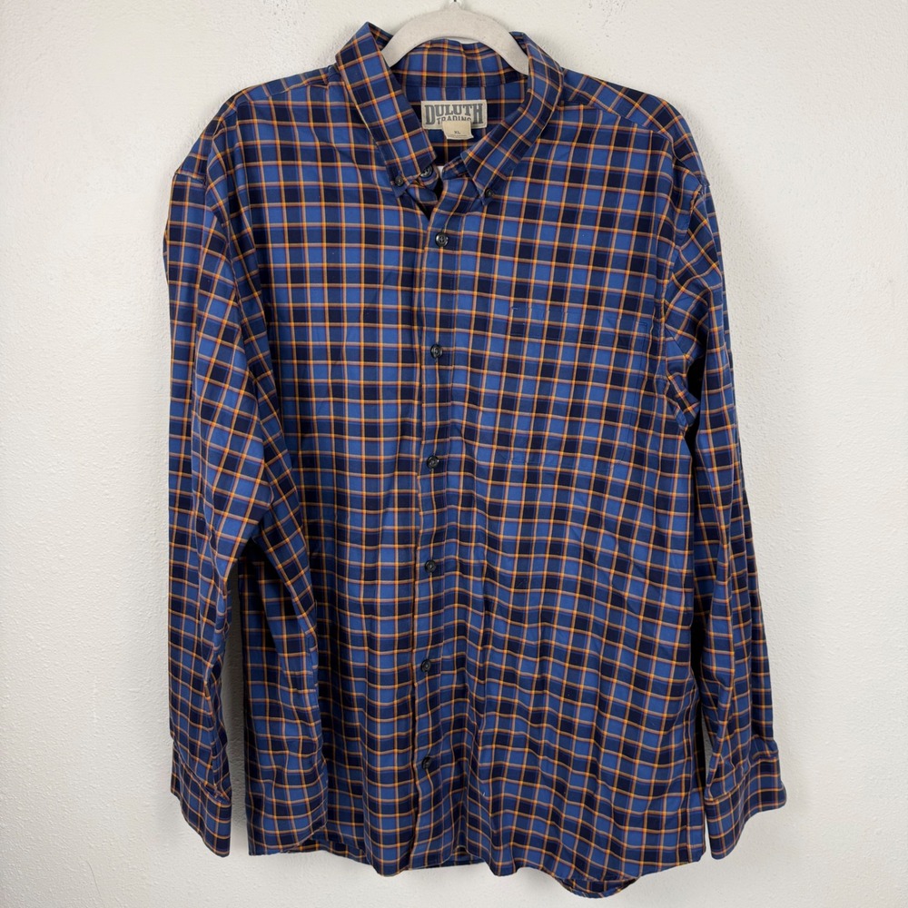 Duluth Trading Co Mens XL Blue Orange Plaid Cotton Long Sleeve Button Down Shirt